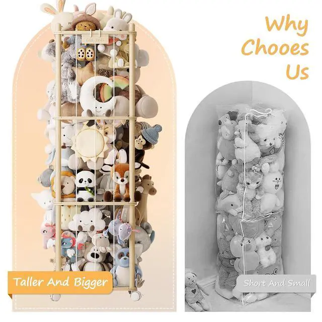 Alt view image 6 of 7 - Stuffed Animal Storage Zoo with Wheels, Montessori-Inspired Solid Pine Wood Plush Toy Organizer, Tall Stuffed Animal Holder with Thick Elastic Cords for Kids Room, Nursery,and Bedroom,Large