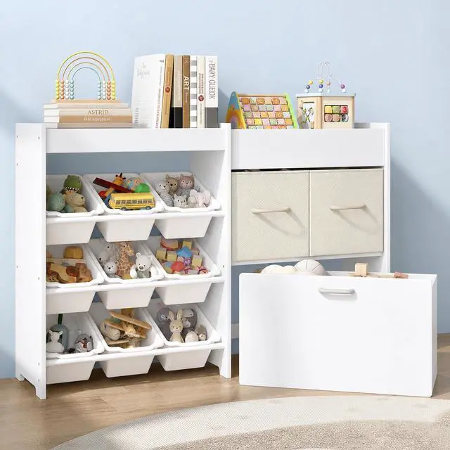 Main image of Toy Storage Organizer, 9 Bins, 2 Drawers, Toy Chest, White Bins