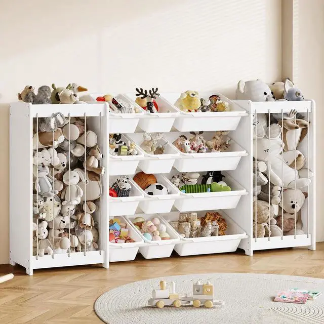 Main image of Extra Large White Stuffed Animal Storage and Toy Organizer with 12 White Bins, Wide 2-in-1 Kids Toy Storage Organizer, Double Plush Animal Zoo for Playroom, Bedroom, Multi-Kids Room