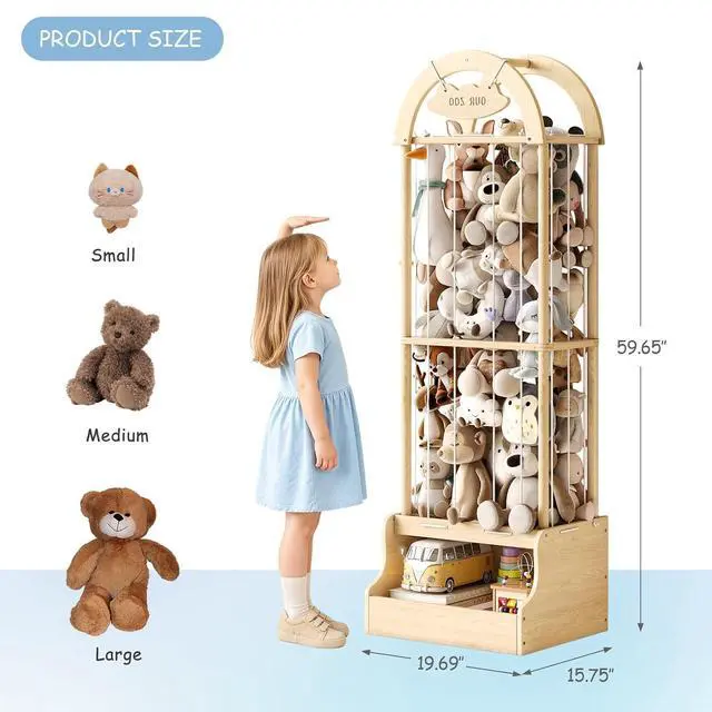 Alt view image 3 of 7 - Arched Stuffed Animal Storage Organizer, Wooden Stuffed Animal Zoo Holds 50+ Plush Toys, FSC Pine Wood Plush Toy Holder with Thick Elastic Cords, Open Bottom Cubby for Kids Room Nursery Playroom