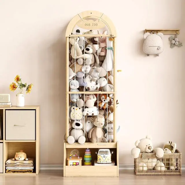 Alt view image 2 of 7 - Arched Stuffed Animal Storage Organizer, Wooden Stuffed Animal Zoo Holds 50+ Plush Toys, FSC Pine Wood Plush Toy Holder with Thick Elastic Cords, Open Bottom Cubby for Kids Room Nursery Playroom