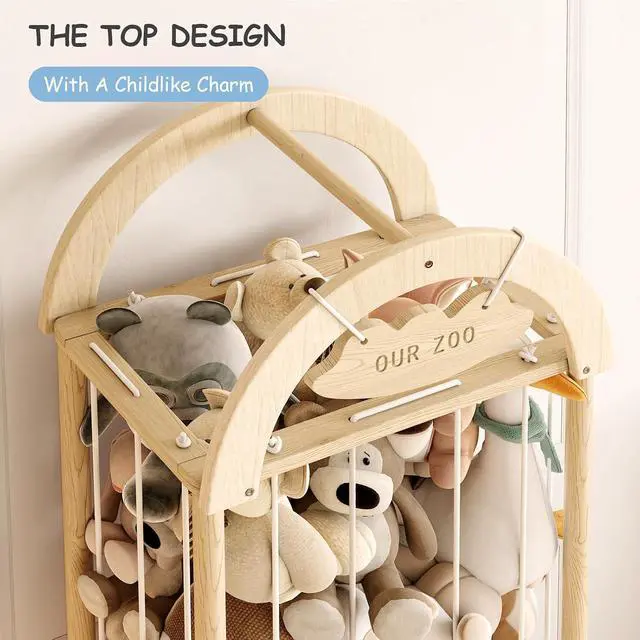 Alt view image 5 of 7 - Arched Stuffed Animal Storage Organizer, Wooden Stuffed Animal Zoo Holds 50+ Plush Toys, FSC Pine Wood Plush Toy Holder with Thick Elastic Cords, Open Bottom Cubby for Kids Room Nursery Playroom