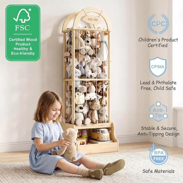 Alt view image 7 of 7 - Arched Stuffed Animal Storage Organizer, Wooden Stuffed Animal Zoo Holds 50+ Plush Toys, FSC Pine Wood Plush Toy Holder with Thick Elastic Cords, Open Bottom Cubby for Kids Room Nursery Playroom