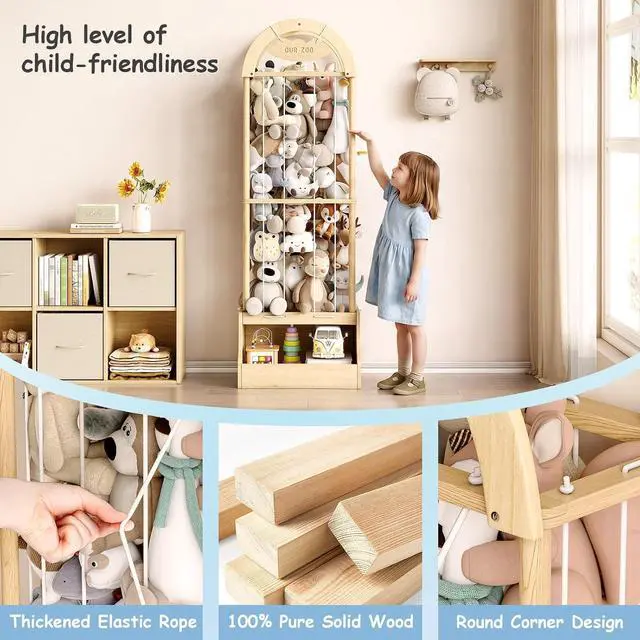 Alt view image 6 of 7 - Arched Stuffed Animal Storage Organizer, Wooden Stuffed Animal Zoo Holds 50+ Plush Toys, FSC Pine Wood Plush Toy Holder with Thick Elastic Cords, Open Bottom Cubby for Kids Room Nursery Playroom