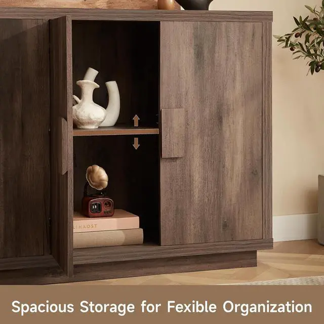 Alt view image 5 of 7 - 63 Inch Long Buffet Cabinet with Storage, Farmhouse Wooden Sideboard Modern Credenza Storage Cabinet with Doors & Shelves, Mid Century Coffee Bar Cabinet TV Stands for Living Room