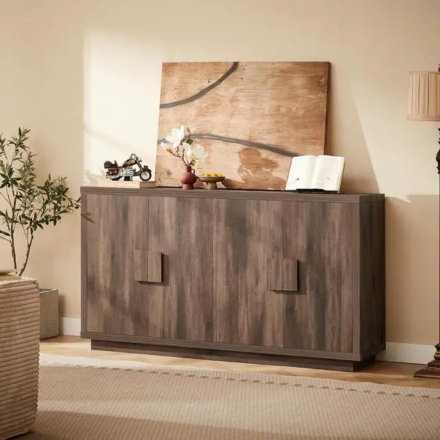 Alt view image 6 of 7 - 63 Inch Long Buffet Cabinet with Storage, Farmhouse Wooden Sideboard Modern Credenza Storage Cabinet with Doors & Shelves, Mid Century Coffee Bar Cabinet TV Stands for Living Room