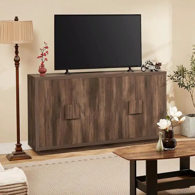 Alt view image 7 of 7 - 63 Inch Long Buffet Cabinet with Storage, Farmhouse Wooden Sideboard Modern Credenza Storage Cabinet with Doors & Shelves, Mid Century Coffee Bar Cabinet TV Stands for Living Room