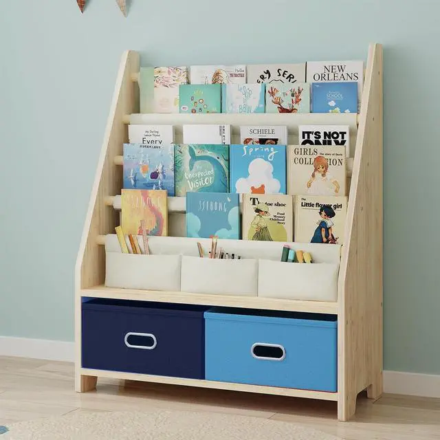Main image of 4 Tier Kids Bookshelf with Storage Bins, Solid Wood Toddler Book Shelf and Toy Organizer, Sling Book Rack for Kids Room, Nursery, Playroom, Blue