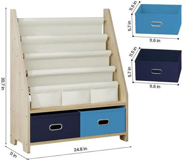Alt view image 2 of 7 - 4 Tier Kids Bookshelf with Storage Bins, Solid Wood Toddler Book Shelf and Toy Organizer, Sling Book Rack for Kids Room, Nursery, Playroom, Blue