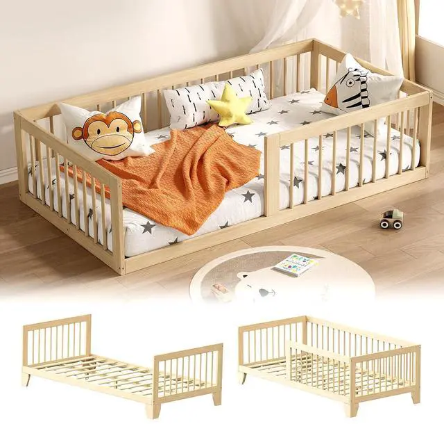 Main image of Montessori Toddler Bed, Variable Twin Floor Bed Frame with Removable Guardrails and Legs, Low Wooden Kids Bed with 10 Slats and Supporting keel, Crib-to-Bed Transition for Bedroom or Nursery