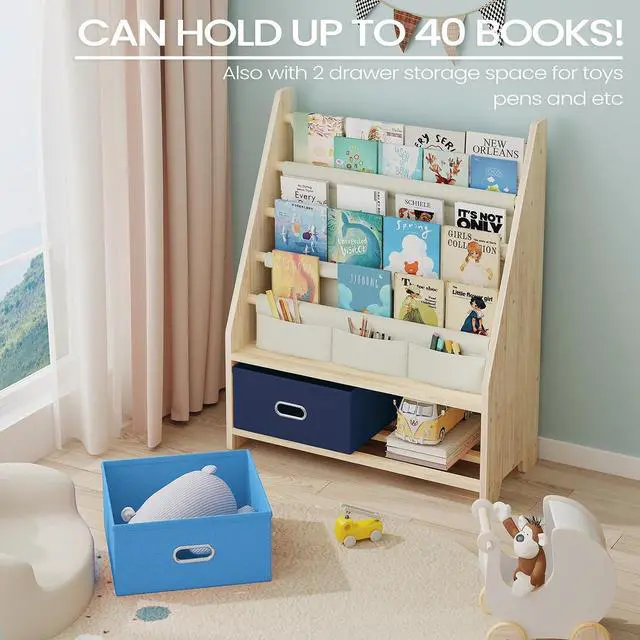 Alt view image 3 of 7 - 4 Tier Kids Bookshelf with Storage Bins, Solid Wood Toddler Book Shelf and Toy Organizer, Sling Book Rack for Kids Room, Nursery, Playroom, Blue