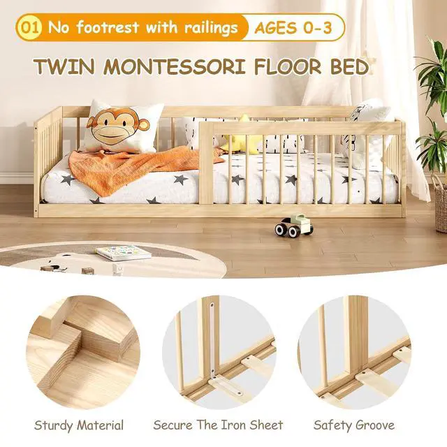 Alt view image 3 of 7 - Montessori Toddler Bed, Variable Twin Floor Bed Frame with Removable Guardrails and Legs, Low Wooden Kids Bed with 10 Slats and Supporting keel, Crib-to-Bed Transition for Bedroom or Nursery