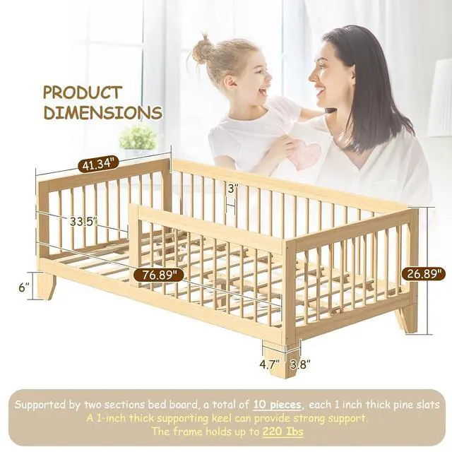 Alt view image 2 of 7 - Montessori Toddler Bed, Variable Twin Floor Bed Frame with Removable Guardrails and Legs, Low Wooden Kids Bed with 10 Slats and Supporting keel, Crib-to-Bed Transition for Bedroom or Nursery