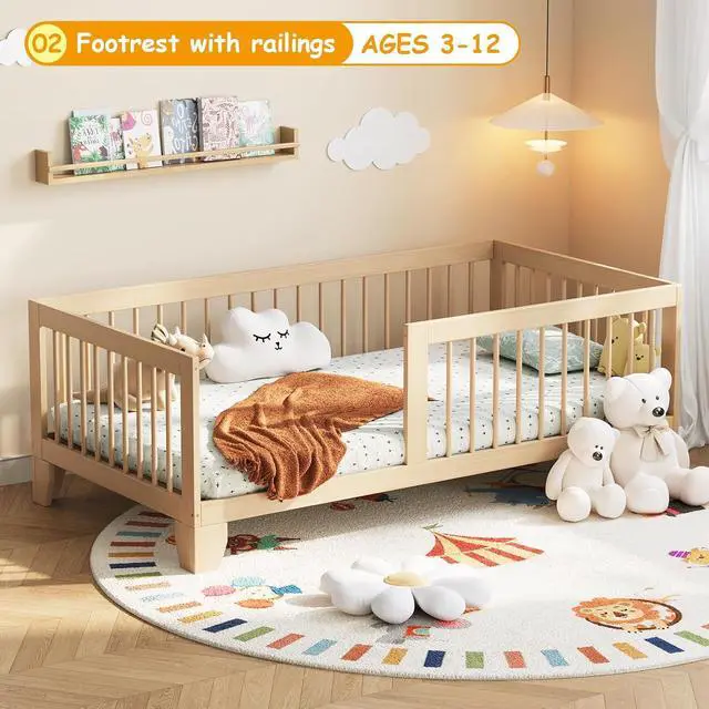 Alt view image 4 of 7 - Montessori Toddler Bed, Variable Twin Floor Bed Frame with Removable Guardrails and Legs, Low Wooden Kids Bed with 10 Slats and Supporting keel, Crib-to-Bed Transition for Bedroom or Nursery