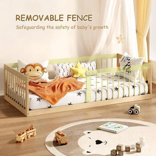 Alt view image 6 of 7 - Montessori Toddler Bed, Variable Twin Floor Bed Frame with Removable Guardrails and Legs, Low Wooden Kids Bed with 10 Slats and Supporting keel, Crib-to-Bed Transition for Bedroom or Nursery