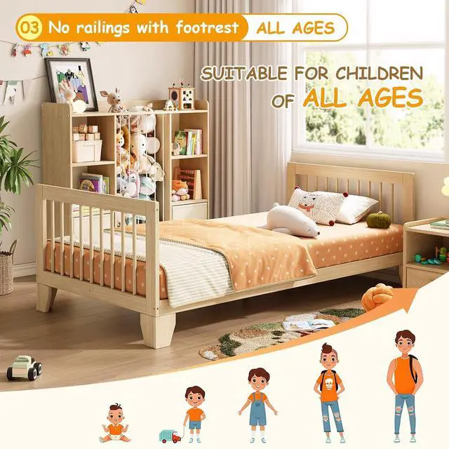 Alt view image 5 of 7 - Montessori Toddler Bed, Variable Twin Floor Bed Frame with Removable Guardrails and Legs, Low Wooden Kids Bed with 10 Slats and Supporting keel, Crib-to-Bed Transition for Bedroom or Nursery
