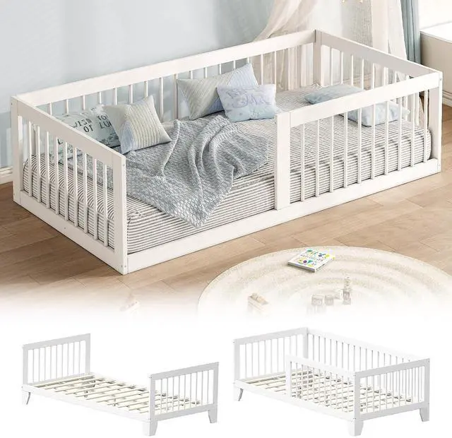 Main image of Montessori Toddler Bed, Variable Twin Floor Bed Frame with Removable Guardrails and Legs, Low Wooden Kids Bed with 12 Slats and Supporting keel, Crib-to-Bed Transition for Bedroom or Nursery, White