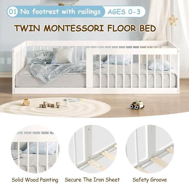 Alt view image 3 of 7 - Montessori Toddler Bed, Variable Twin Floor Bed Frame with Removable Guardrails and Legs, Low Wooden Kids Bed with 12 Slats and Supporting keel, Crib-to-Bed Transition for Bedroom or Nursery, White