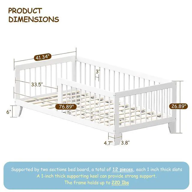 Alt view image 2 of 7 - Montessori Toddler Bed, Variable Twin Floor Bed Frame with Removable Guardrails and Legs, Low Wooden Kids Bed with 12 Slats and Supporting keel, Crib-to-Bed Transition for Bedroom or Nursery, White