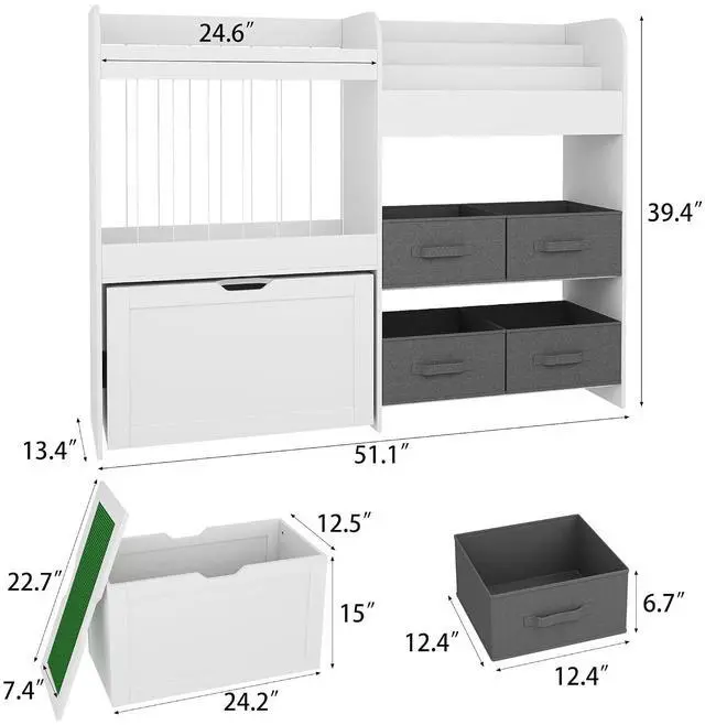 Alt view image 2 of 6 - 51.1" W Large Toy Storage Organizer with Stuffed Animal Storage, Kids Bookshelf with 4 Removable Toy Bins, Movable Toy Box with Buildable Baseplate Lid for Lego Bricks, Ideal for Kids Room Playroom