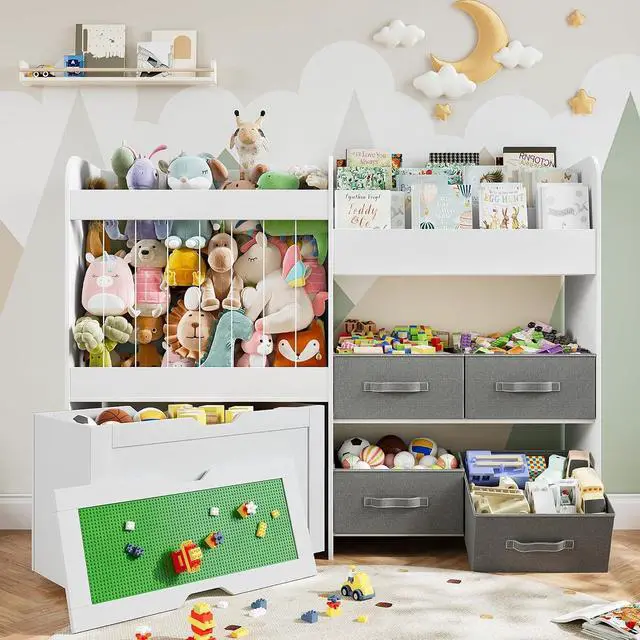 Main image of 51.1" W Large Toy Storage Organizer with Stuffed Animal Storage, Kids Bookshelf with 4 Removable Toy Bins, Movable Toy Box with Buildable Baseplate Lid for Lego Bricks, Ideal for Kids Room Playroom