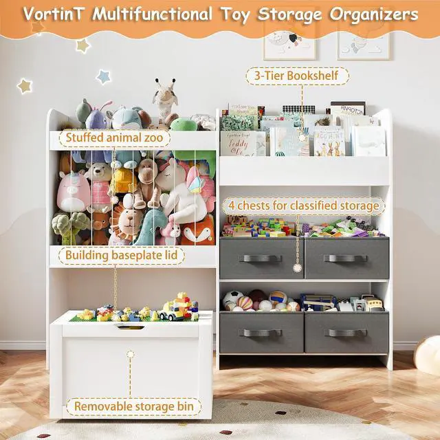 Alt view image 3 of 6 - 51.1" W Large Toy Storage Organizer with Stuffed Animal Storage, Kids Bookshelf with 4 Removable Toy Bins, Movable Toy Box with Buildable Baseplate Lid for Lego Bricks, Ideal for Kids Room Playroom