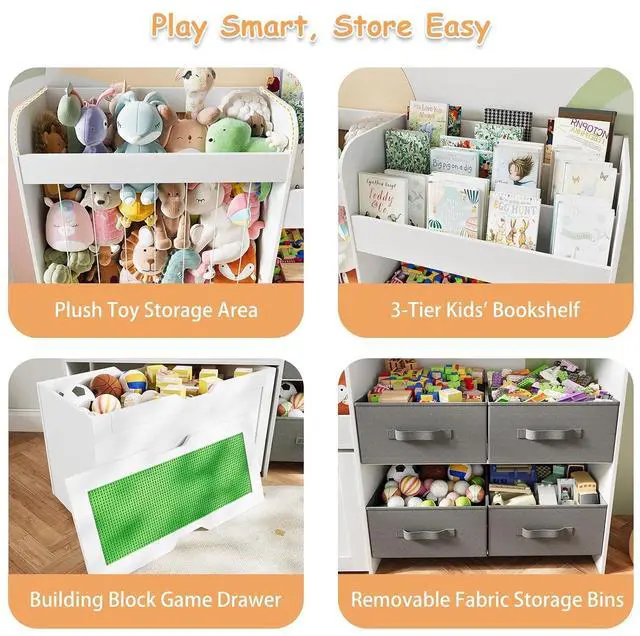Alt view image 5 of 6 - 51.1" W Large Toy Storage Organizer with Stuffed Animal Storage, Kids Bookshelf with 4 Removable Toy Bins, Movable Toy Box with Buildable Baseplate Lid for Lego Bricks, Ideal for Kids Room Playroom