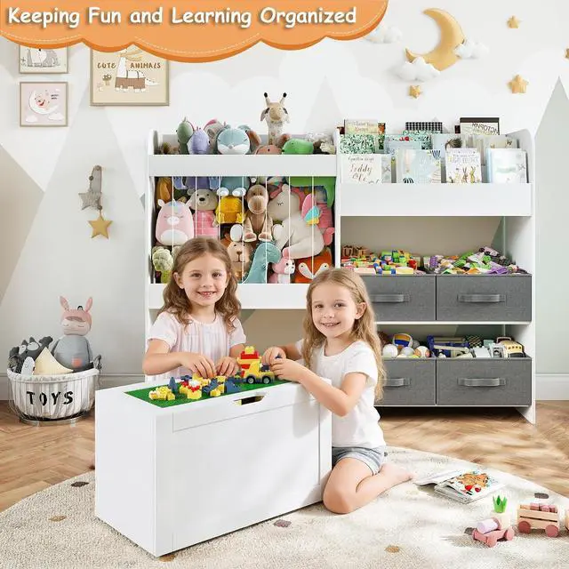 Alt view image 4 of 6 - 51.1" W Large Toy Storage Organizer with Stuffed Animal Storage, Kids Bookshelf with 4 Removable Toy Bins, Movable Toy Box with Buildable Baseplate Lid for Lego Bricks, Ideal for Kids Room Playroom