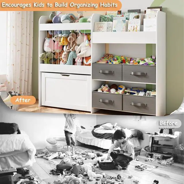 Alt view image 6 of 6 - 51.1" W Large Toy Storage Organizer with Stuffed Animal Storage, Kids Bookshelf with 4 Removable Toy Bins, Movable Toy Box with Buildable Baseplate Lid for Lego Bricks, Ideal for Kids Room Playroom
