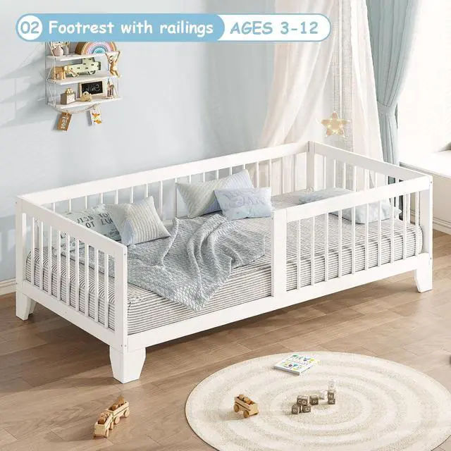 Alt view image 4 of 7 - Montessori Toddler Bed, Variable Twin Floor Bed Frame with Removable Guardrails and Legs, Low Wooden Kids Bed with 12 Slats and Supporting keel, Crib-to-Bed Transition for Bedroom or Nursery, White