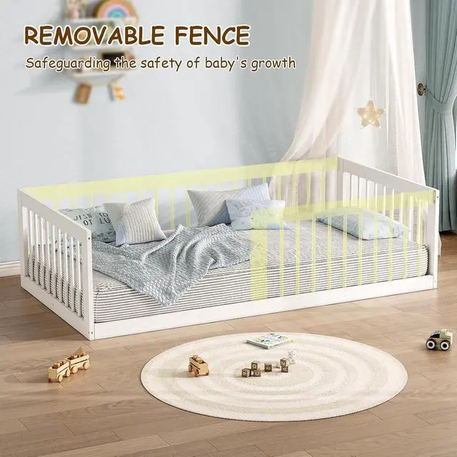 Alt view image 6 of 7 - Montessori Toddler Bed, Variable Twin Floor Bed Frame with Removable Guardrails and Legs, Low Wooden Kids Bed with 12 Slats and Supporting keel, Crib-to-Bed Transition for Bedroom or Nursery, White