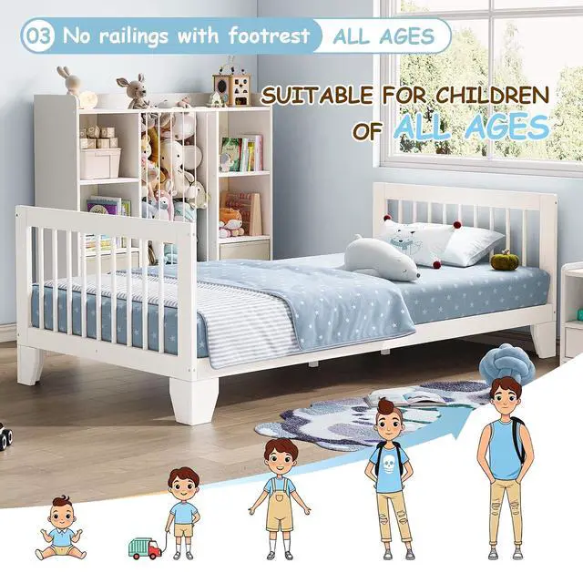 Alt view image 5 of 7 - Montessori Toddler Bed, Variable Twin Floor Bed Frame with Removable Guardrails and Legs, Low Wooden Kids Bed with 12 Slats and Supporting keel, Crib-to-Bed Transition for Bedroom or Nursery, White