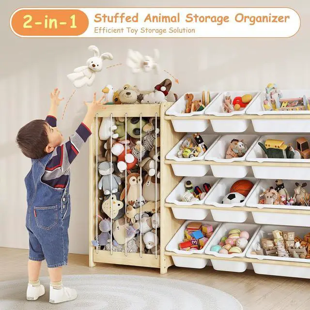 Alt view image 3 of 7 - Kids Toy Storage Organizer, 2-in-1 Stuffed Animal Storage & Toy Organizer w/12 Bins, Solid Wood Toy Rack Featuring Thicker Elastic Ropes to Hold Toys, Playroom Nursery Bedroom Storage, White