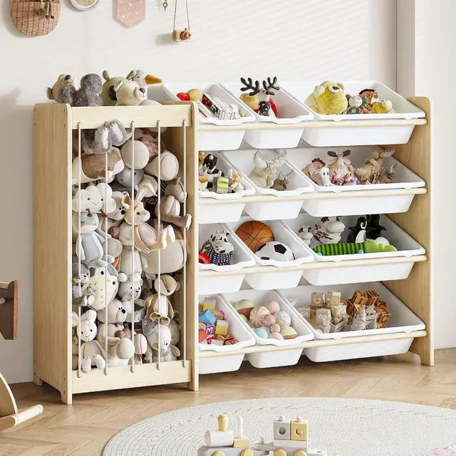 Main image of Kids Toy Storage Organizer, 2-in-1 Stuffed Animal Storage & Toy Organizer w/12 Bins, Solid Wood Toy Rack Featuring Thicker Elastic Ropes to Hold Toys, Playroom Nursery Bedroom Storage, White