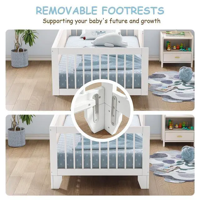 Alt view image 7 of 7 - Montessori Toddler Bed, Variable Twin Floor Bed Frame with Removable Guardrails and Legs, Low Wooden Kids Bed with 12 Slats and Supporting keel, Crib-to-Bed Transition for Bedroom or Nursery, White