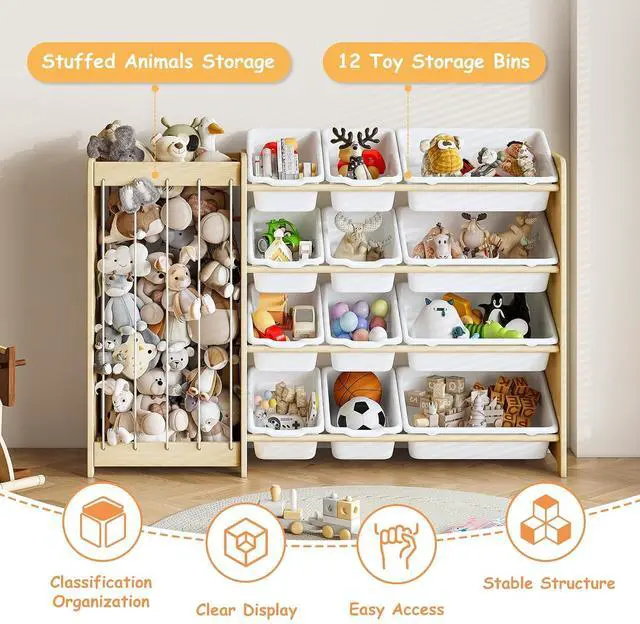 Alt view image 5 of 7 - Kids Toy Storage Organizer, 2-in-1 Stuffed Animal Storage & Toy Organizer w/12 Bins, Solid Wood Toy Rack Featuring Thicker Elastic Ropes to Hold Toys, Playroom Nursery Bedroom Storage, White