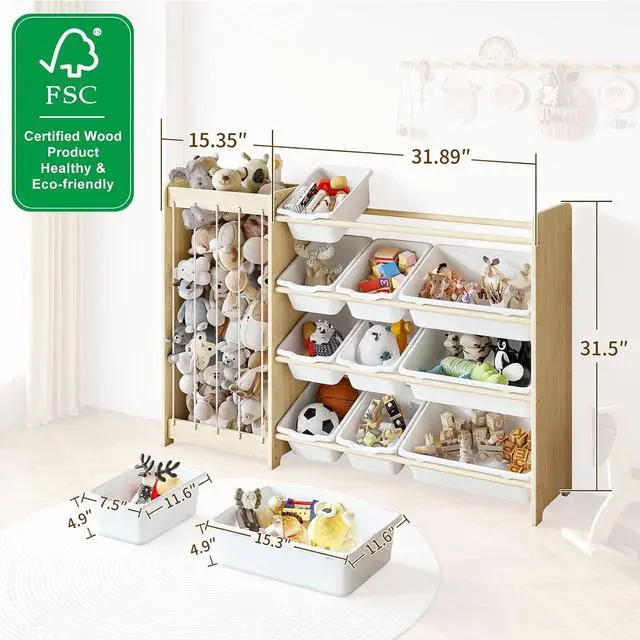 Alt view image 2 of 7 - Kids Toy Storage Organizer, 2-in-1 Stuffed Animal Storage & Toy Organizer w/12 Bins, Solid Wood Toy Rack Featuring Thicker Elastic Ropes to Hold Toys, Playroom Nursery Bedroom Storage, White