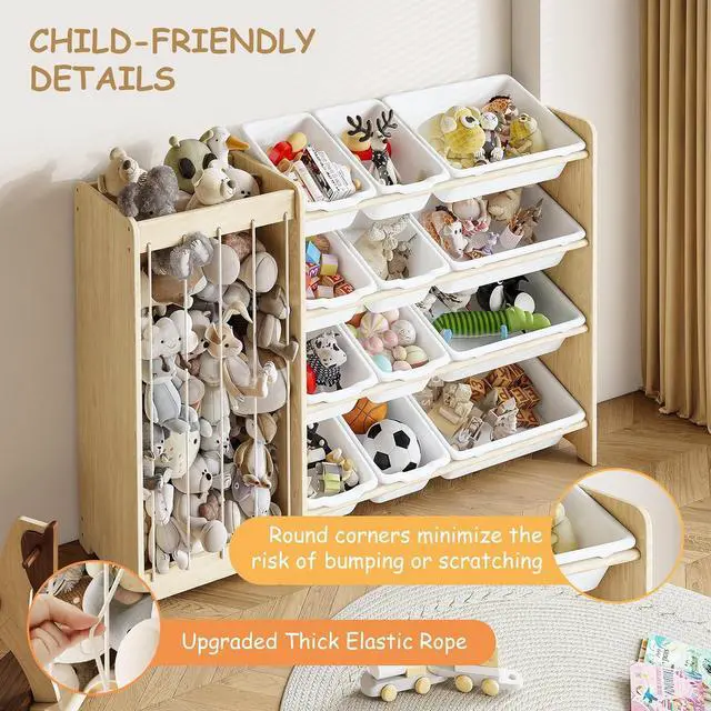 Alt view image 4 of 7 - Kids Toy Storage Organizer, 2-in-1 Stuffed Animal Storage & Toy Organizer w/12 Bins, Solid Wood Toy Rack Featuring Thicker Elastic Ropes to Hold Toys, Playroom Nursery Bedroom Storage, White