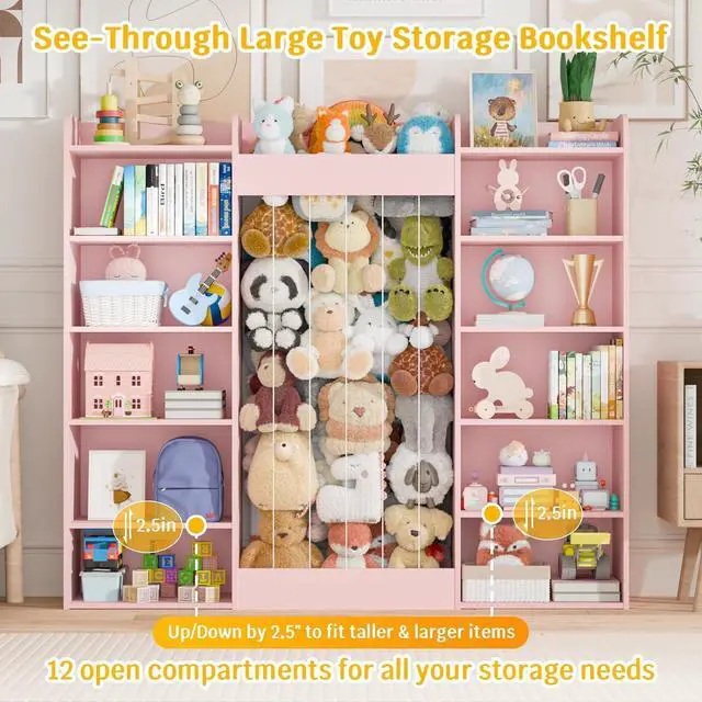 Alt view image 3 of 7 - VontinT 63" W Wooden Toy Storage with Stuffed Animal Zoo, Kids Bookshelf
