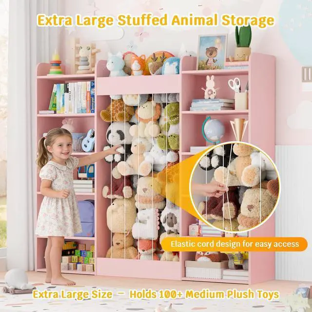 Alt view image 4 of 7 - VontinT 63" W Wooden Toy Storage with Stuffed Animal Zoo, Kids Bookshelf