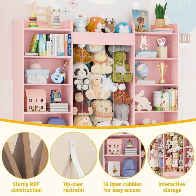 Alt view image 5 of 7 - VontinT 63" W Wooden Toy Storage with Stuffed Animal Zoo, Kids Bookshelf