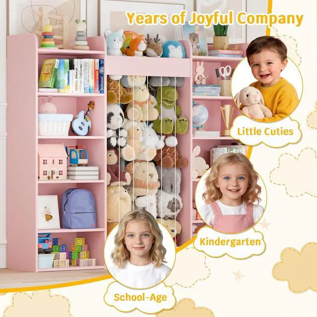 Alt view image 6 of 7 - VontinT 63" W Wooden Toy Storage with Stuffed Animal Zoo, Kids Bookshelf