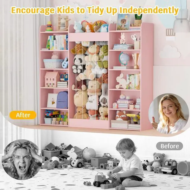 Alt view image 7 of 7 - VontinT 63" W Wooden Toy Storage with Stuffed Animal Zoo, Kids Bookshelf