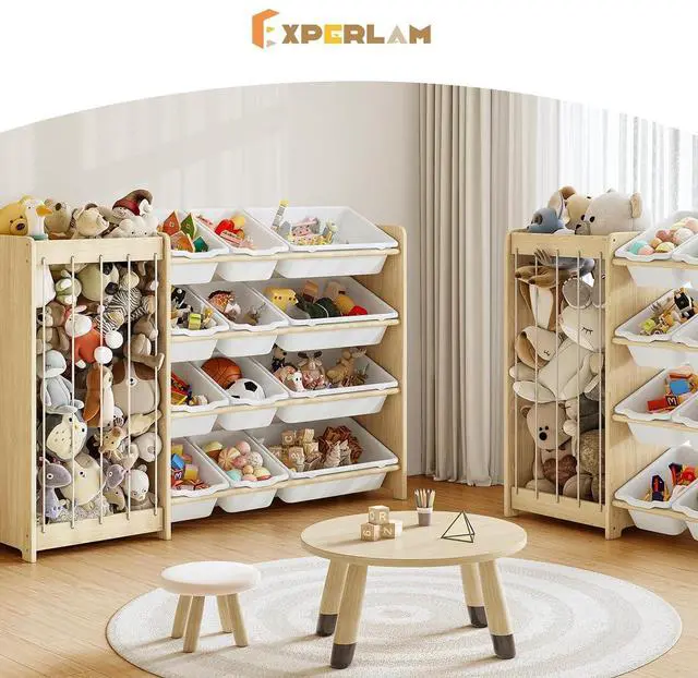 Alt view image 7 of 7 - Kids Toy Storage Organizer, 2-in-1 Stuffed Animal Storage & Toy Organizer w/12 Bins, Solid Wood Toy Rack Featuring Thicker Elastic Ropes to Hold Toys, Playroom Nursery Bedroom Storage, White