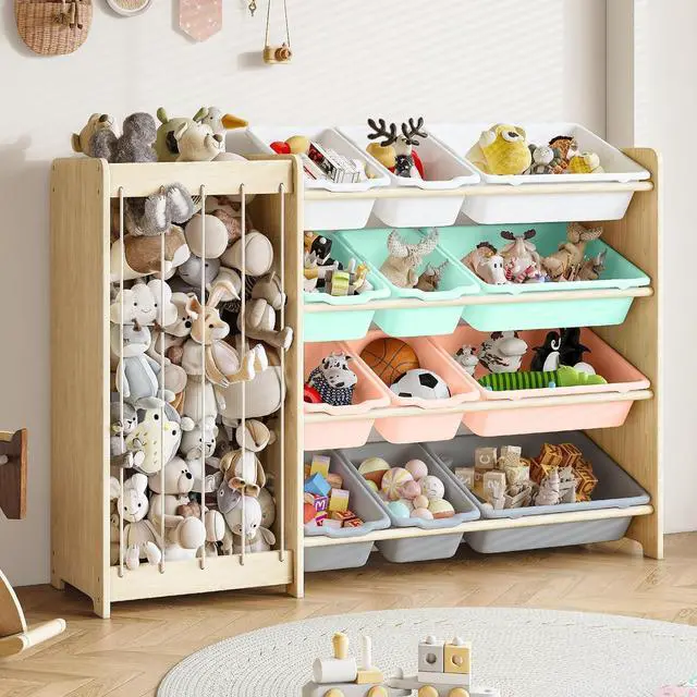 Main image of Kids Toy Storage Organizer, 2-in-1 Stuffed Animal Storage & Toy Organizer w/12 Bins, Solid Wood Toy Rack Featuring Thicker Elastic Ropes to Hold Toys, Playroom Nursery Bedroom Storage, Multi