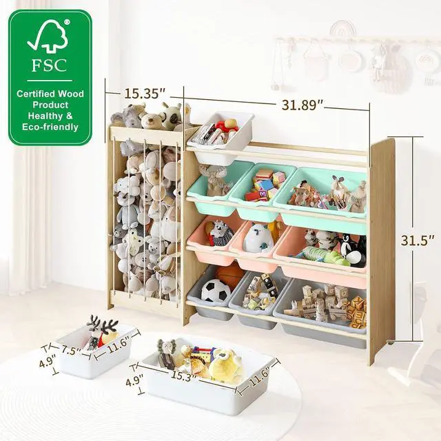 Alt view image 2 of 7 - Kids Toy Storage Organizer, 2-in-1 Stuffed Animal Storage & Toy Organizer w/12 Bins, Solid Wood Toy Rack Featuring Thicker Elastic Ropes to Hold Toys, Playroom Nursery Bedroom Storage, Multi