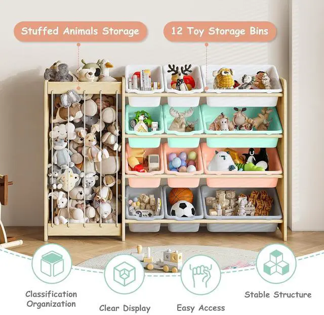 Alt view image 4 of 7 - Kids Toy Storage Organizer, 2-in-1 Stuffed Animal Storage & Toy Organizer w/12 Bins, Solid Wood Toy Rack Featuring Thicker Elastic Ropes to Hold Toys, Playroom Nursery Bedroom Storage, Multi