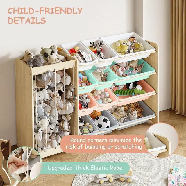 Alt view image 3 of 7 - Kids Toy Storage Organizer, 2-in-1 Stuffed Animal Storage & Toy Organizer w/12 Bins, Solid Wood Toy Rack Featuring Thicker Elastic Ropes to Hold Toys, Playroom Nursery Bedroom Storage, Multi