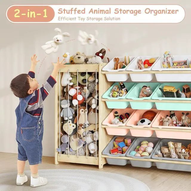 Alt view image 6 of 7 - Kids Toy Storage Organizer, 2-in-1 Stuffed Animal Storage & Toy Organizer w/12 Bins, Solid Wood Toy Rack Featuring Thicker Elastic Ropes to Hold Toys, Playroom Nursery Bedroom Storage, Multi
