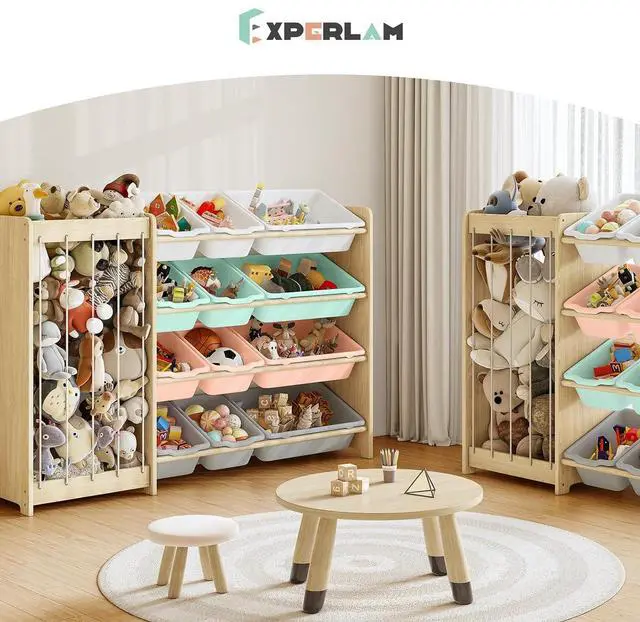 Alt view image 7 of 7 - Kids Toy Storage Organizer, 2-in-1 Stuffed Animal Storage & Toy Organizer w/12 Bins, Solid Wood Toy Rack Featuring Thicker Elastic Ropes to Hold Toys, Playroom Nursery Bedroom Storage, Multi